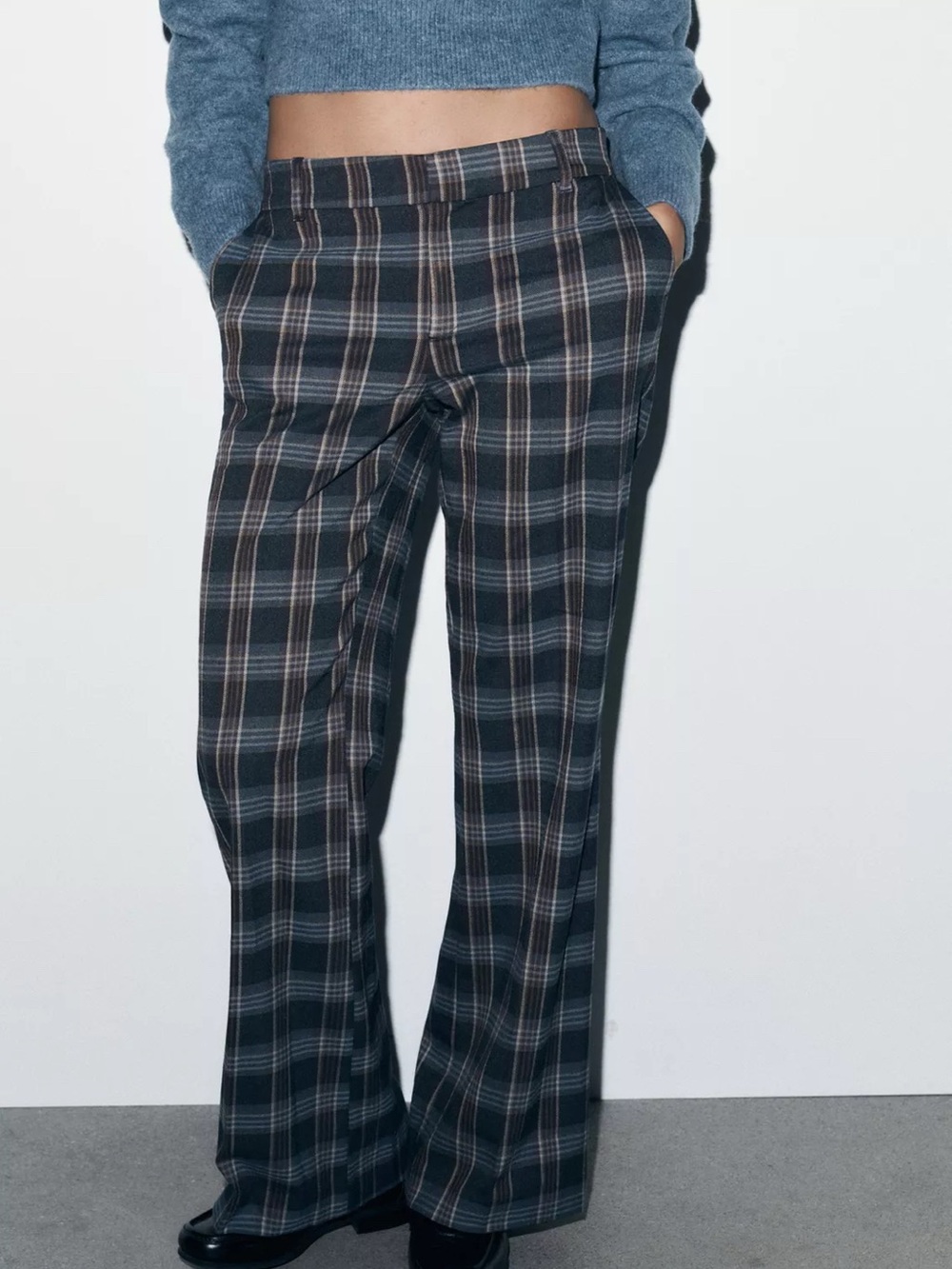 Zara Plaid Wide-Leg Trousers in Navy and Gray